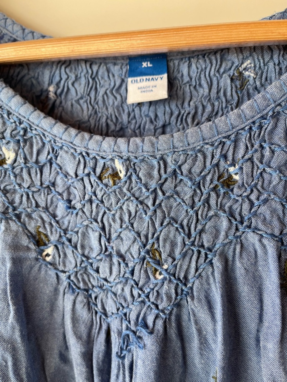 Old Navy Blue Embroidered Smocked Yoke Peasant Blouse - Picture 3 of 4